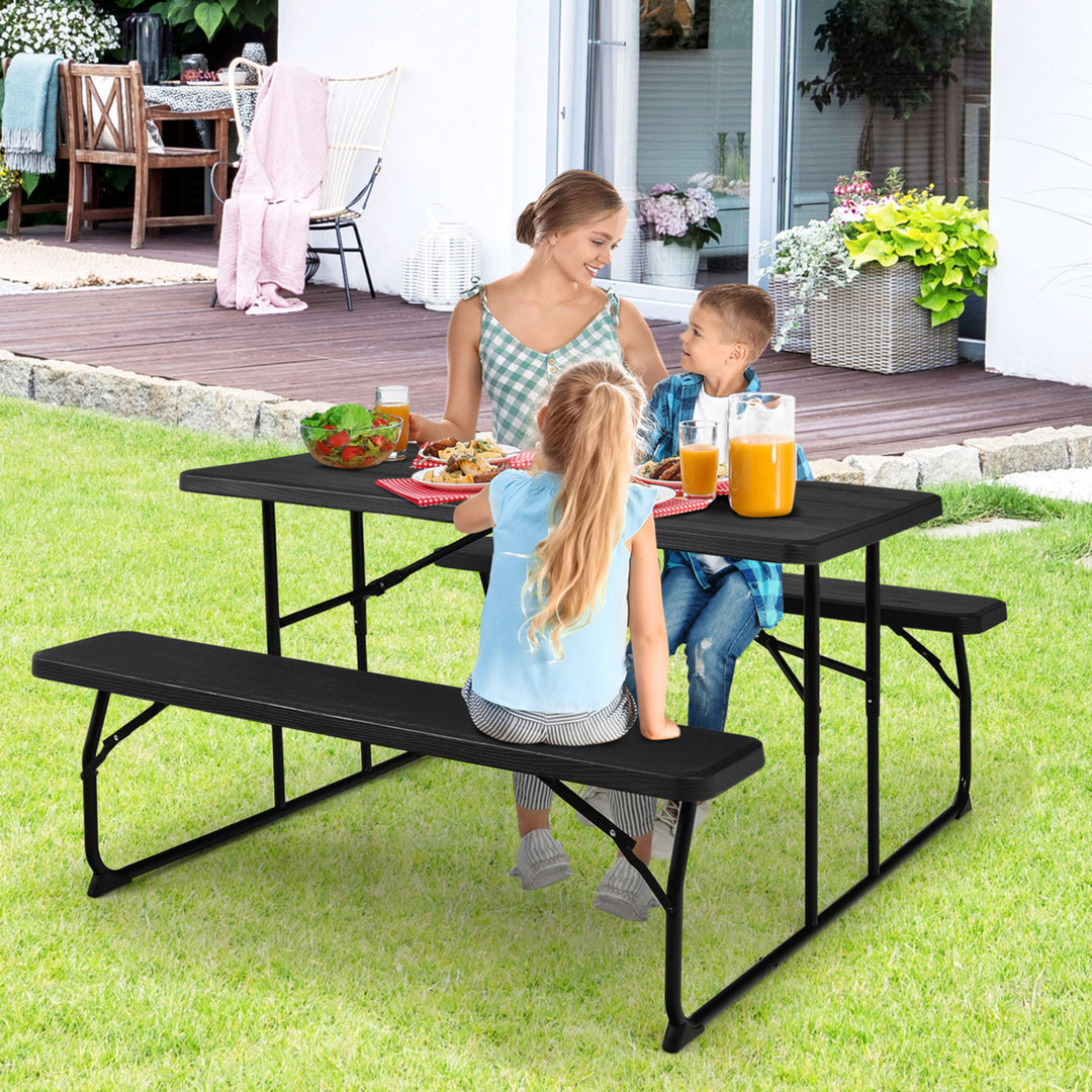 Folding Picnic Table and Bench Set for Camping BBQ w/ Steel Frame Image 3