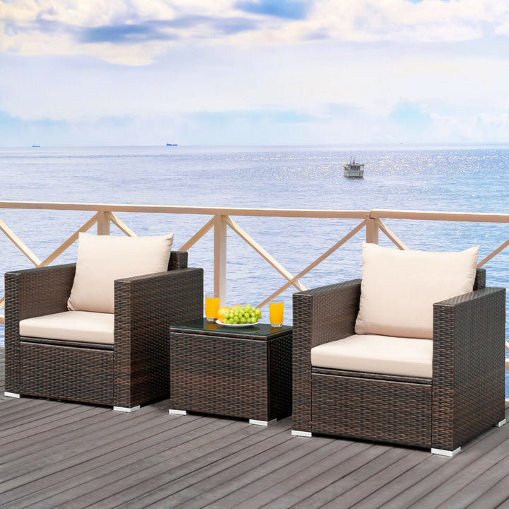 3PCS Patio Rattan Furniture Set Conversation Wicker Sofa Set w/Cushion Garden Image 1