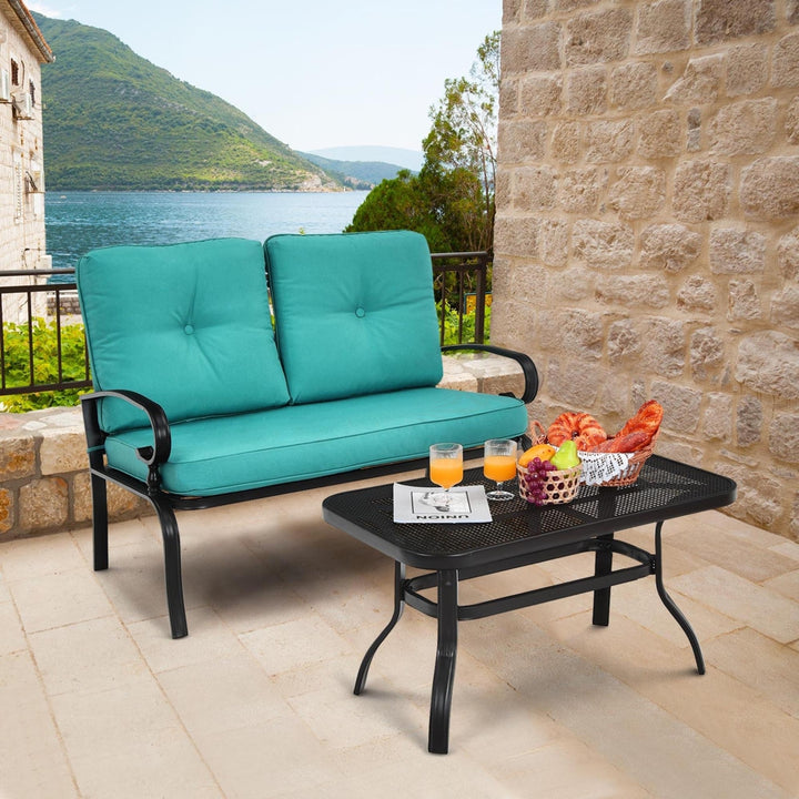 2PCS Patio Loveseat and Table Set Conversation Sofa Set w/ Turquoise Cushions Image 9