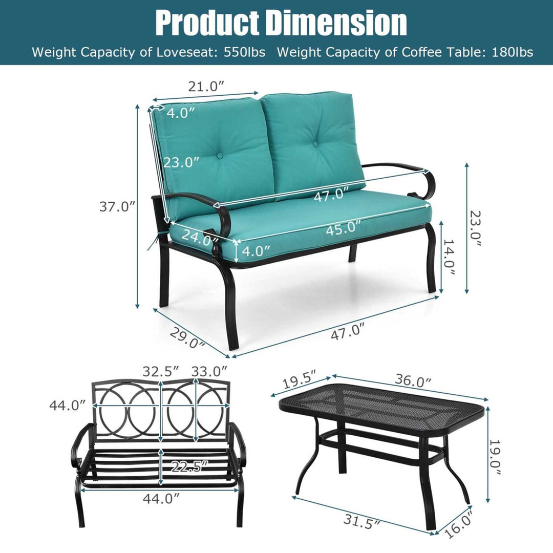 2PCS Patio Loveseat and Table Set Conversation Sofa Set w/ Turquoise Cushions Image 3