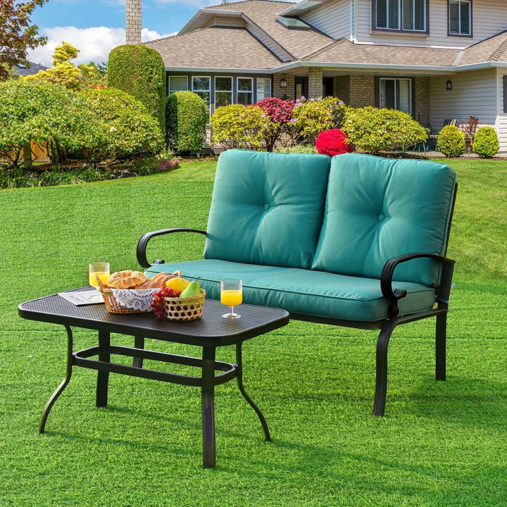 2PCS Patio Loveseat and Table Set Conversation Sofa Set w/ Turquoise Cushions Image 1