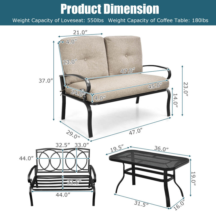 2PCS Patio Loveseat and Table Set Conversation Sofa Set w/ Beige Cushions Image 3