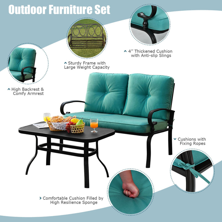 2PCS Patio Loveseat and Table Set Conversation Sofa Set w/ Turquoise Cushions Image 7