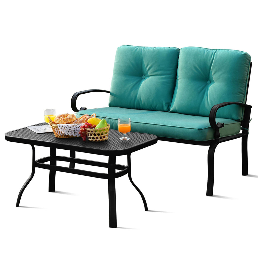 2PCS Patio Loveseat and Table Set Conversation Sofa Set w/ Turquoise Cushions Image 2