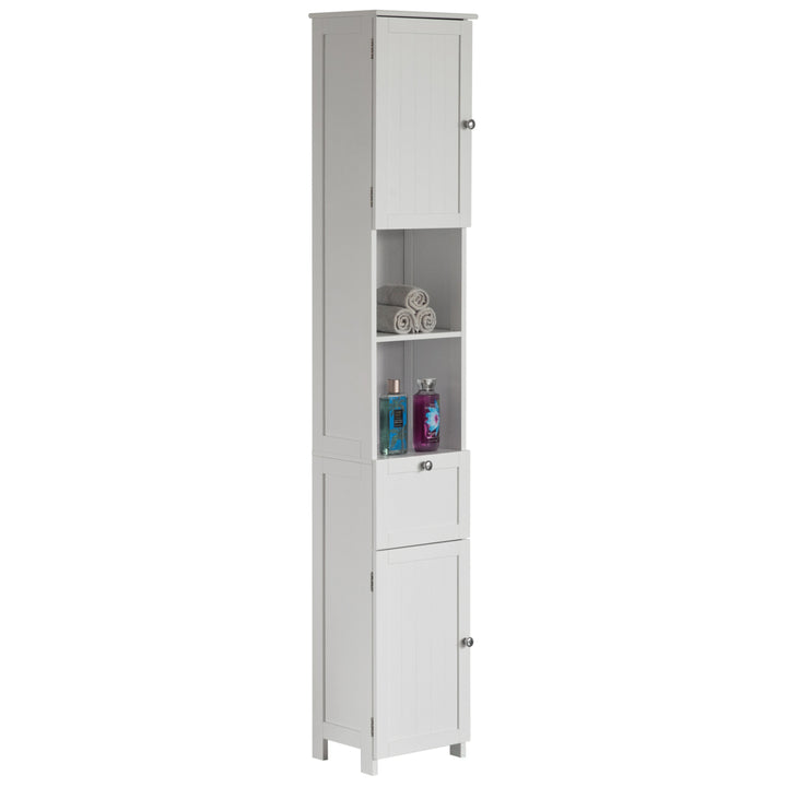 White Tall Bathroom Linen Tower Storage Cabinet 11in W Freestanding Organizer Image 1