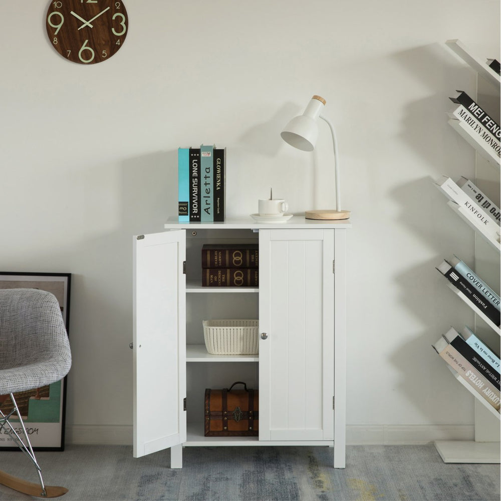 White Wooden Bathroom Cabinet with Double Doors and Adjustable Shelves Modern Vanity Storage Image 2