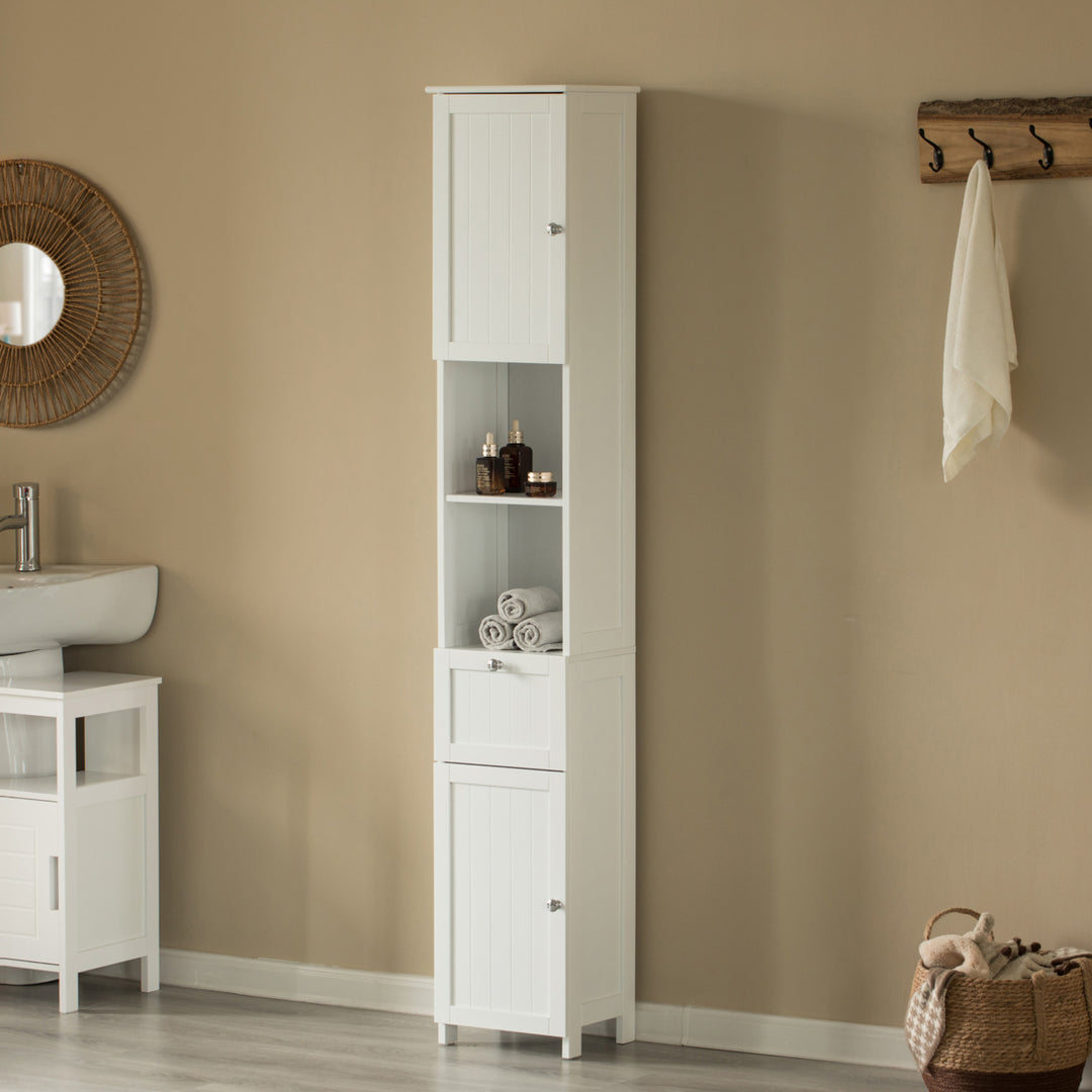 White Tall Bathroom Linen Tower Storage Cabinet 11in W Freestanding Organizer Image 2