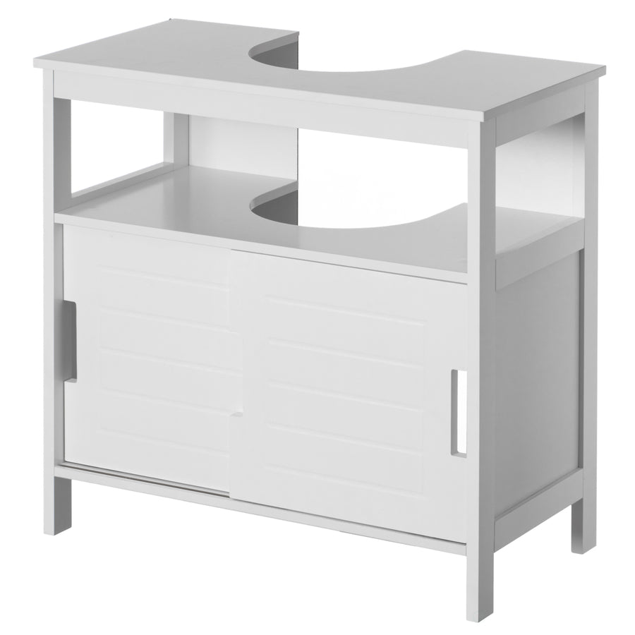 White Vanity Sink Base 2 Door Cabinet Storage U Shape Organizer, Rolling Doors, and Open Shelf Image 1