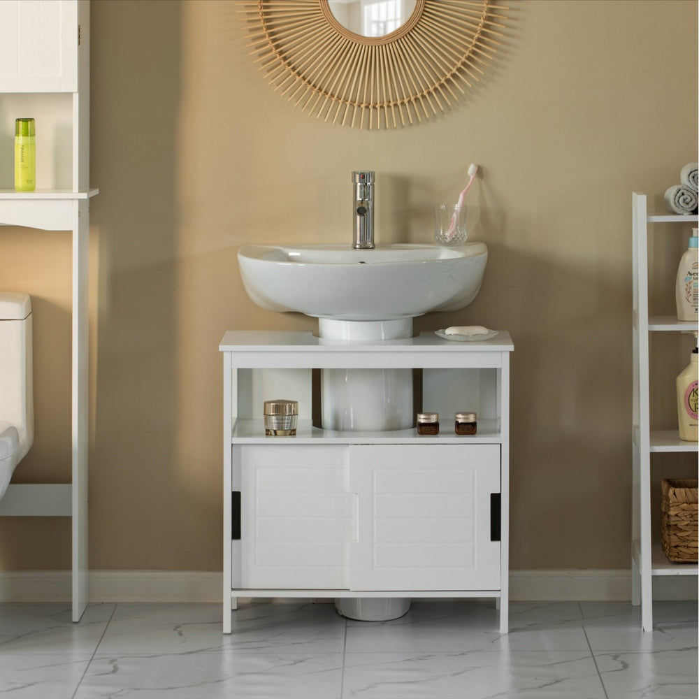 White Vanity Sink Base 2 Door Cabinet Storage U Shape Organizer, Rolling Doors, and Open Shelf Image 2