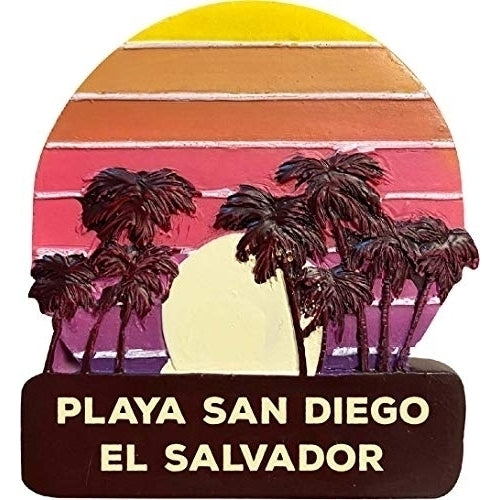 Playa San Diego El Salvador Trendy Souvenir Hand Painted Resin Refrigerator Magnet Sunset and Palm Trees Design 3-Inch Image 1