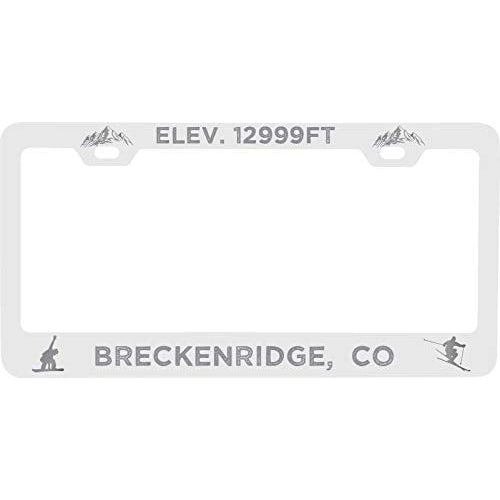 R and R Imports Breckenridge Colorado Etched Metal License Plate Frame White Image 1