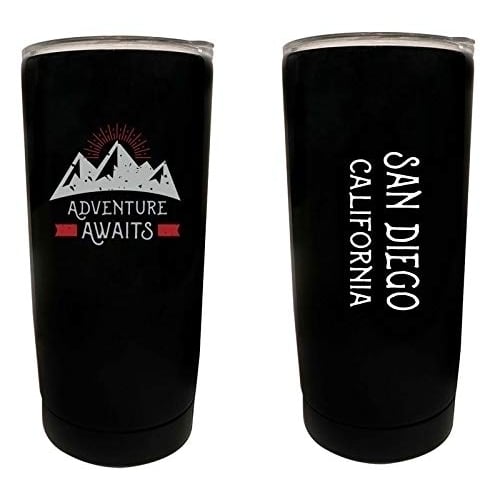 R and R Imports San Diego California Souvenir 16 oz Stainless Steel Insulated Tumbler Adventure Awaits Design Black. Image 1