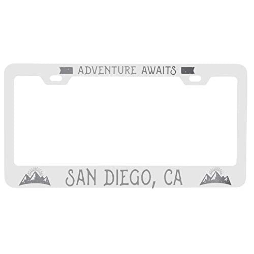R and R Imports San Diego California Laser Engraved Metal License Plate Frame Adventures Awaits Design Image 1