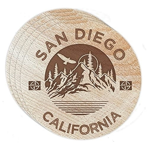 San Diego California 4 Pack Engraved Wooden Coaster Camp Outdoors Design Image 1