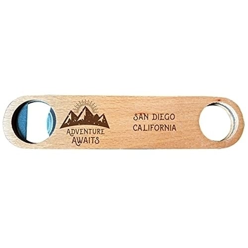 San Diego California Laser Engraved Wooden Bottle Opener Adventure Awaits Design Image 1