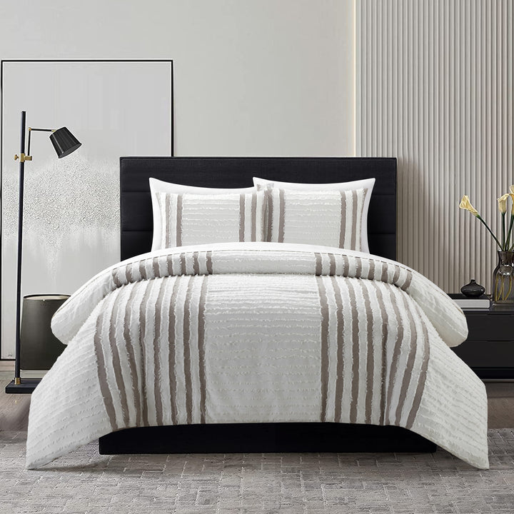 Salma 3 Piece Cotton Duvet Cover Set Clip Jacquard Striped Image 3