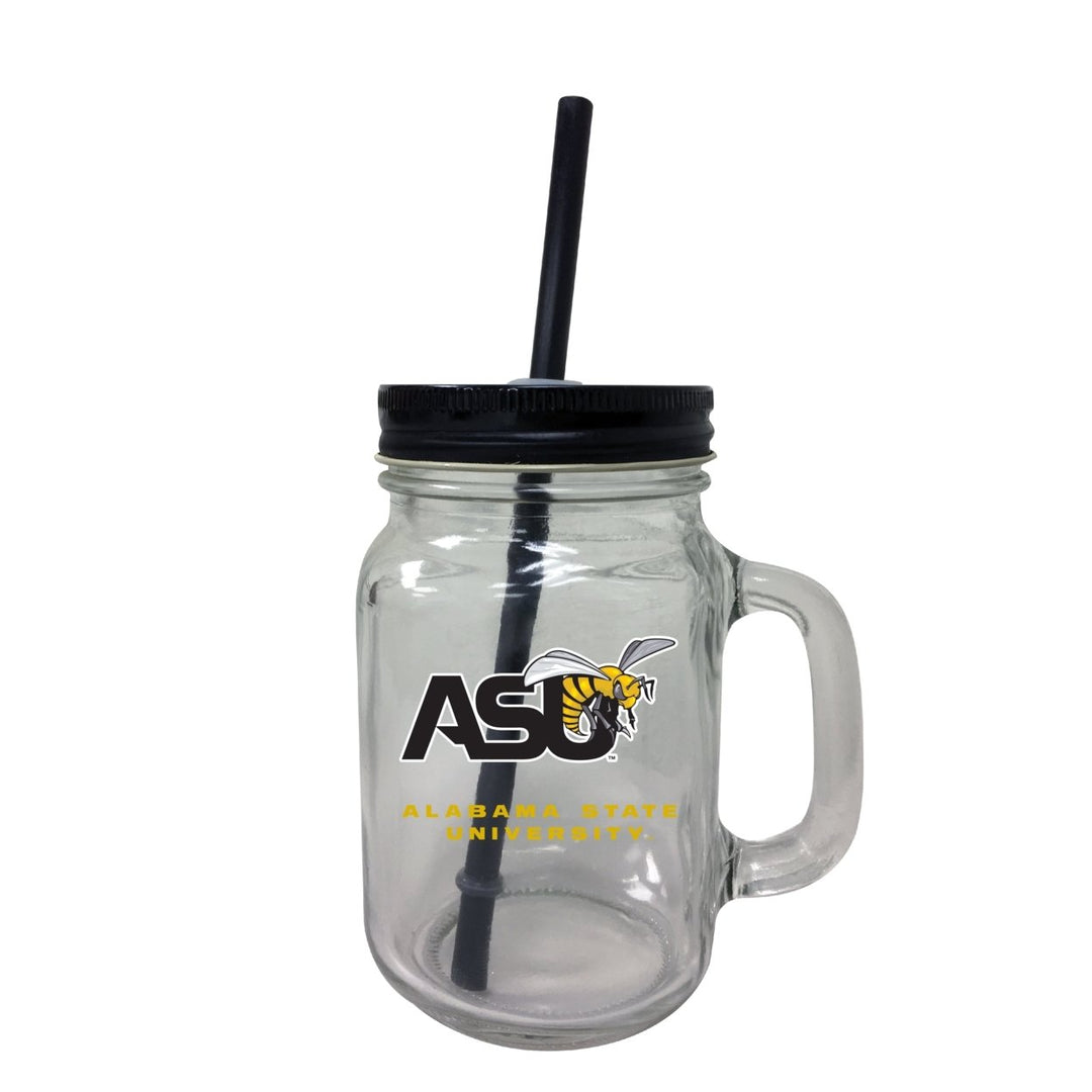 Alabama State University NCAA Iconic Mason Jar Glass - Officially Licensed Collegiate Drinkware with Lid and Straw Image 1