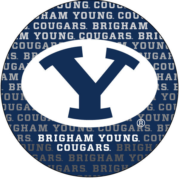 Brigham Young Cougars Round Word Design 4-Inch Round Shape NCAA High-Definition Magnet - Versatile Metallic Surface Image 1