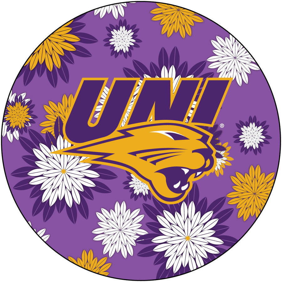 Northern Iowa Panthers Floral Design 4-Inch Round Shape NCAA High-Definition Magnet - Versatile Metallic Surface Image 1