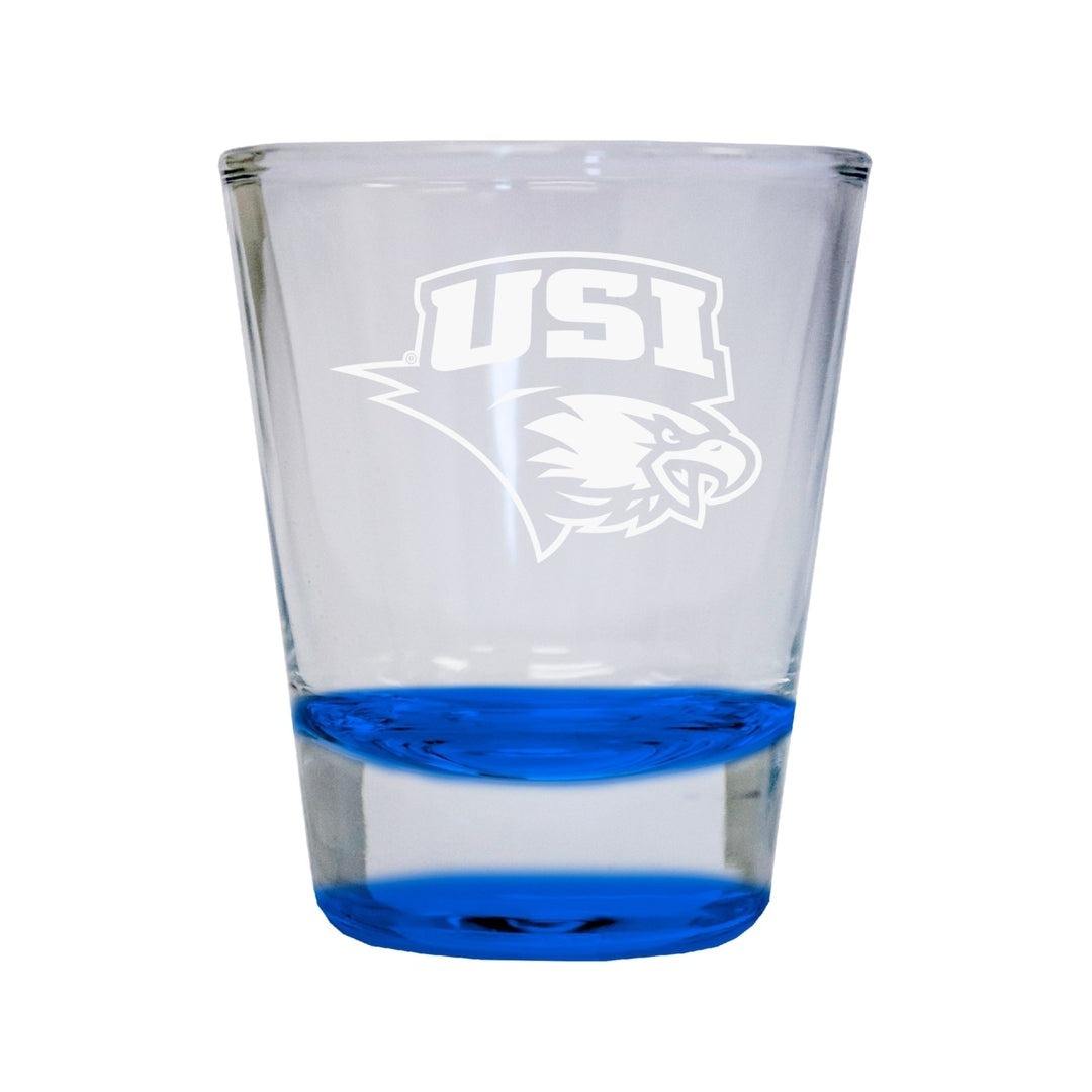 NCAA University of Southern Indiana Collectors 2oz Laser-Engraved Spirit Shot Glass Blue Image 1