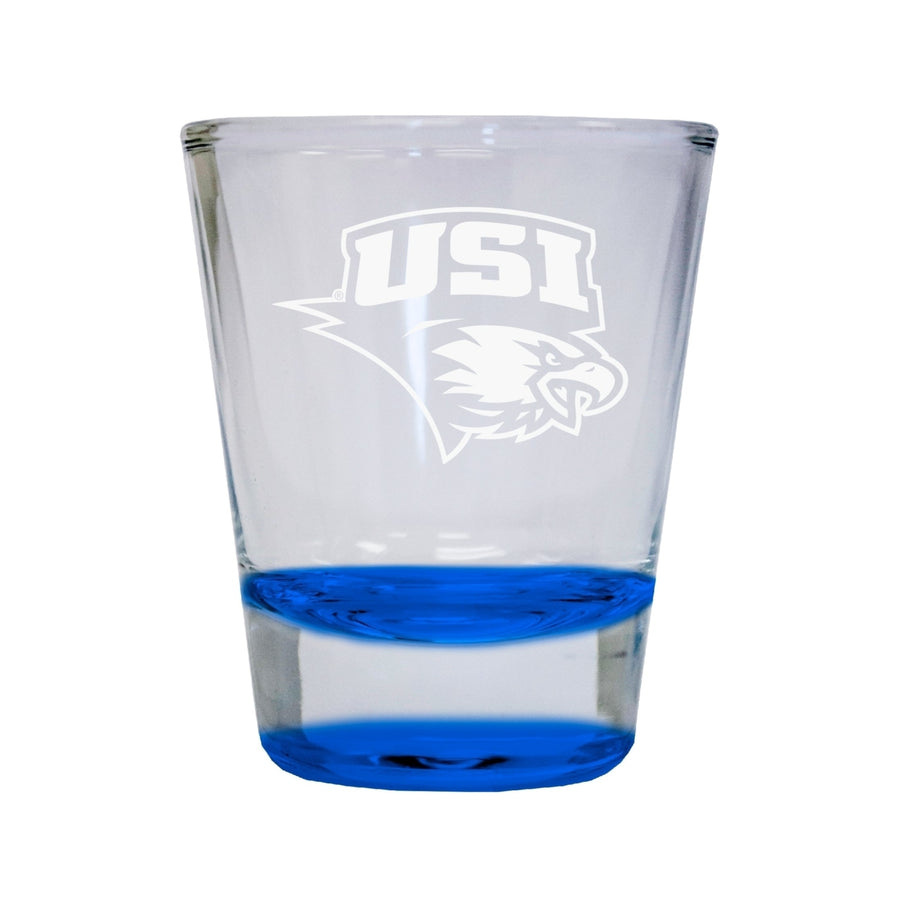 NCAA University of Southern Indiana Collectors 2oz Laser-Engraved Spirit Shot Glass Blue Image 1