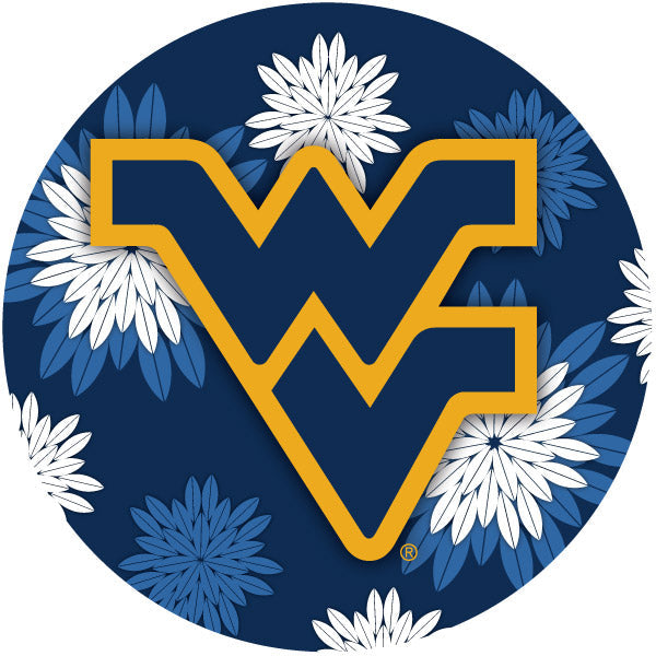 West Virginia Mountaineers Floral Design 4-Inch Round Shape NCAA High-Definition Magnet - Versatile Metallic Surface Image 1