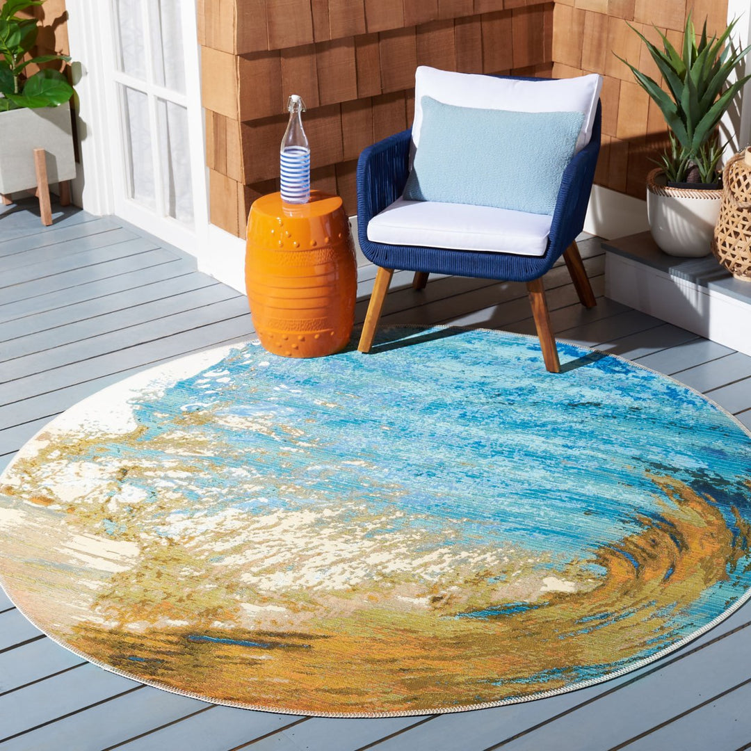 SAFAVIEH Outdoor BAR510M Barbados Collection Blue / Gold Rug Image 2