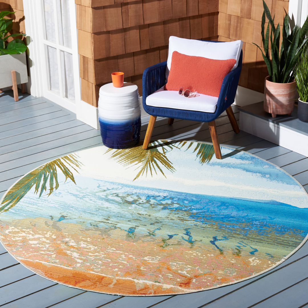 SAFAVIEH Outdoor BAR515A Barbados Collection Gold / Blue Rug Image 2