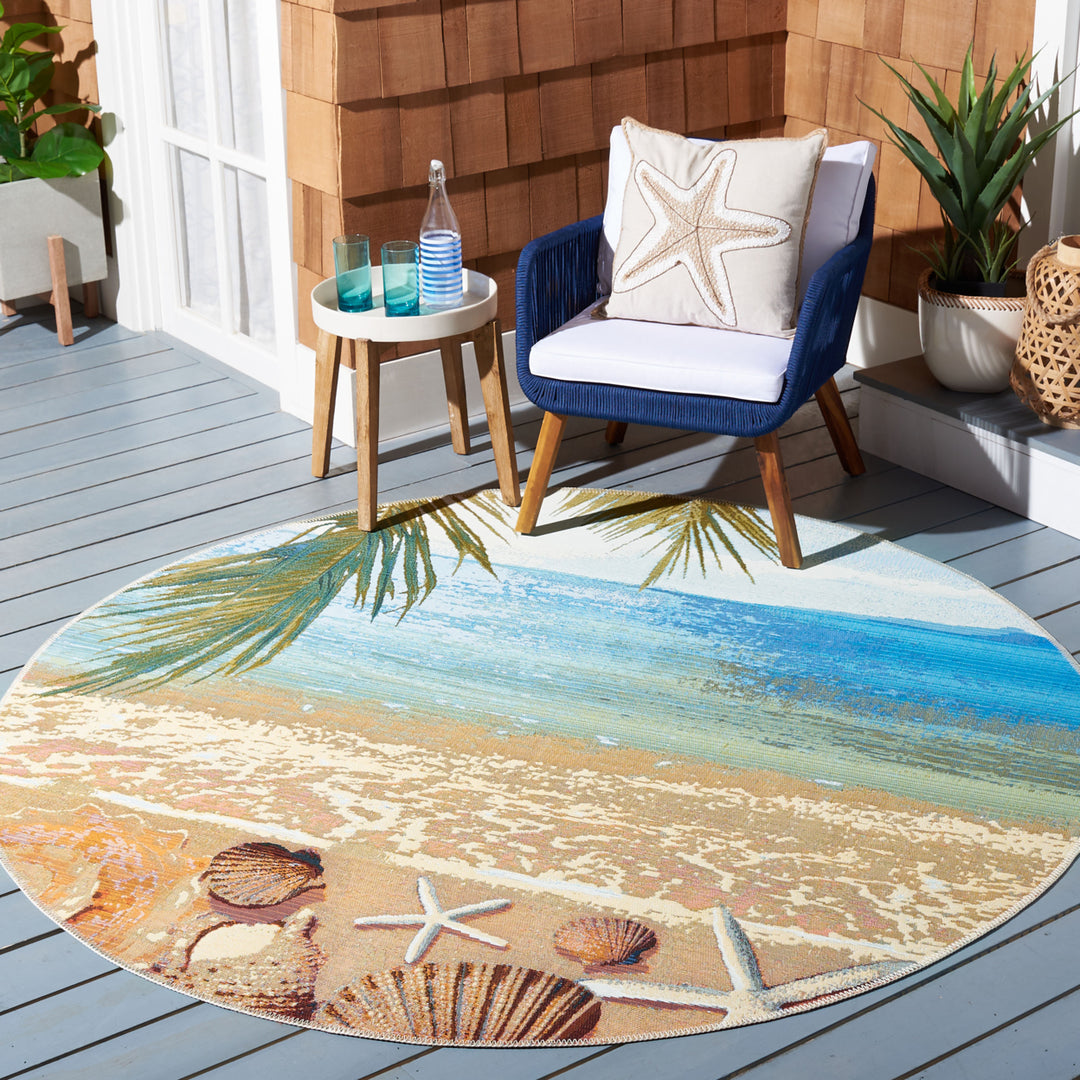 SAFAVIEH Outdoor BAR555A Barbados Collection Gold / Blue Rug Image 2