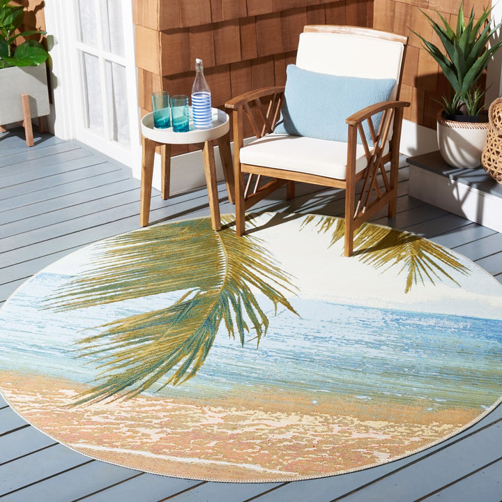 SAFAVIEH Outdoor BAR560A Barbados Collection Gold / Blue Rug Image 2