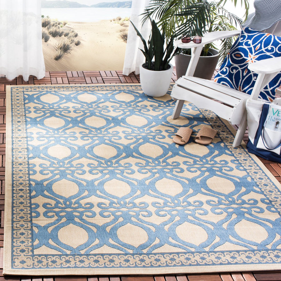 SAFAVIEH Outdoor CY3040-3101 Courtyard Natural / Blue Rug Image 1