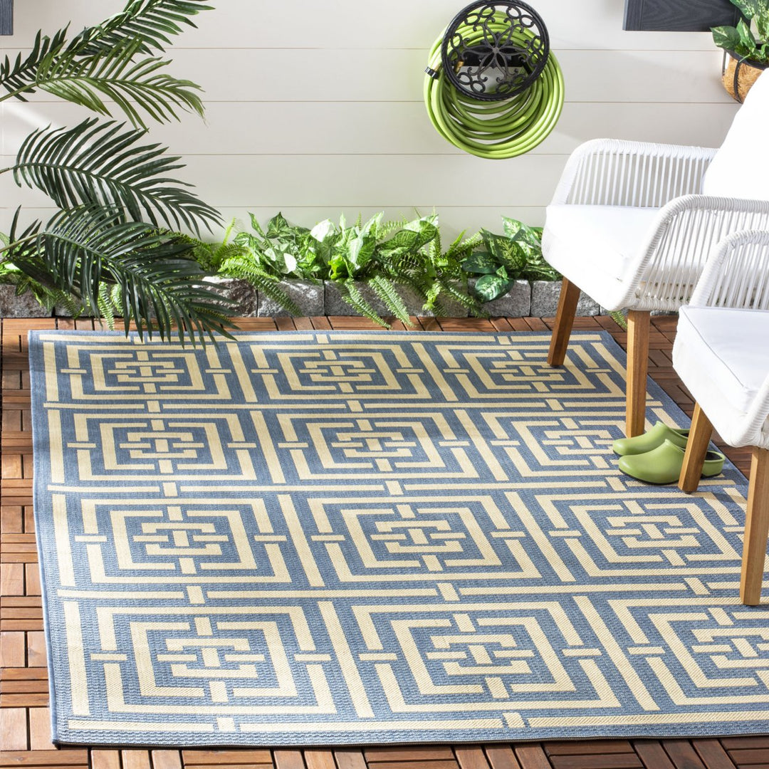 SAFAVIEH Outdoor CY6937-23 Courtyard Collection Blue / Bone Rug Image 1