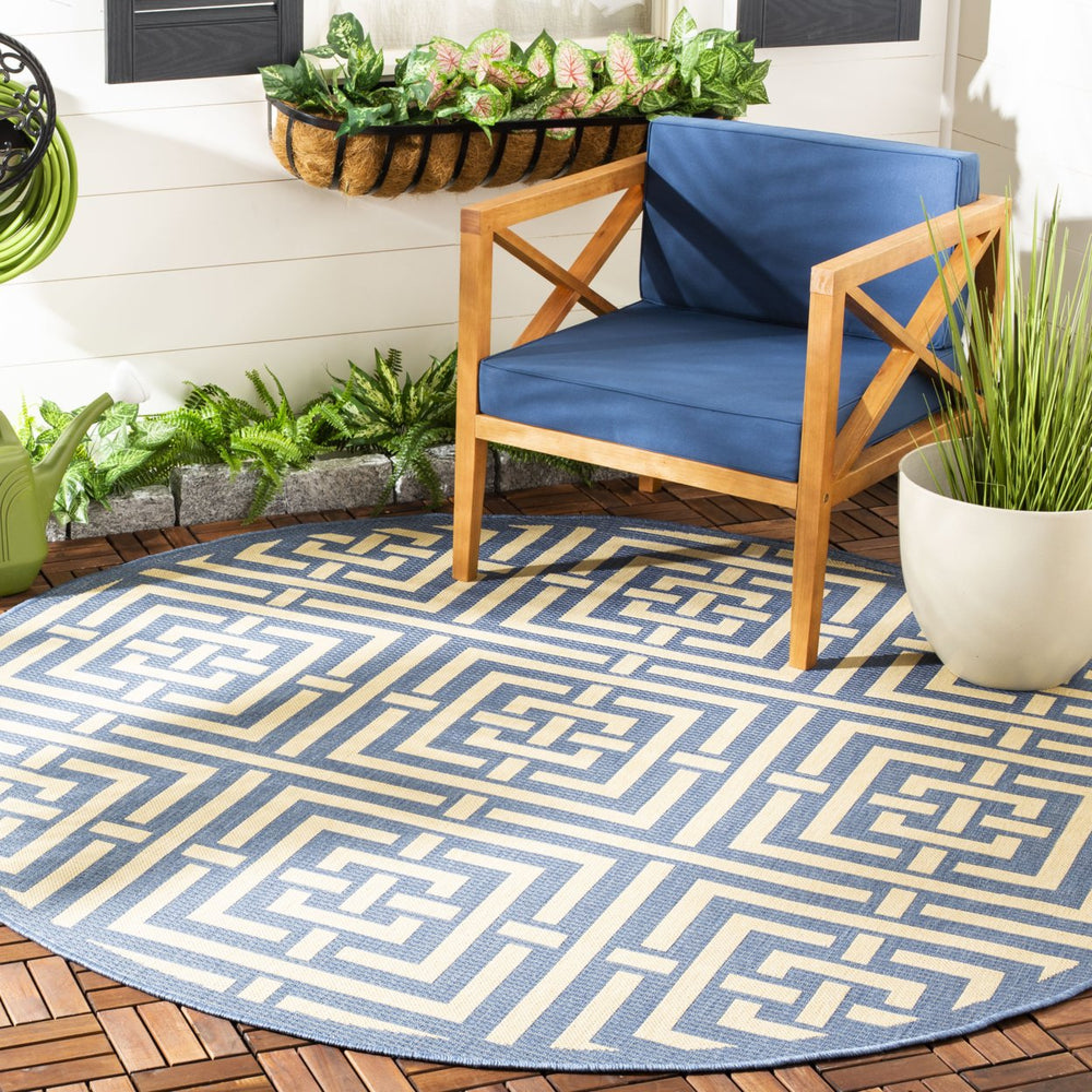 SAFAVIEH Outdoor CY6937-23 Courtyard Collection Blue / Bone Rug Image 2