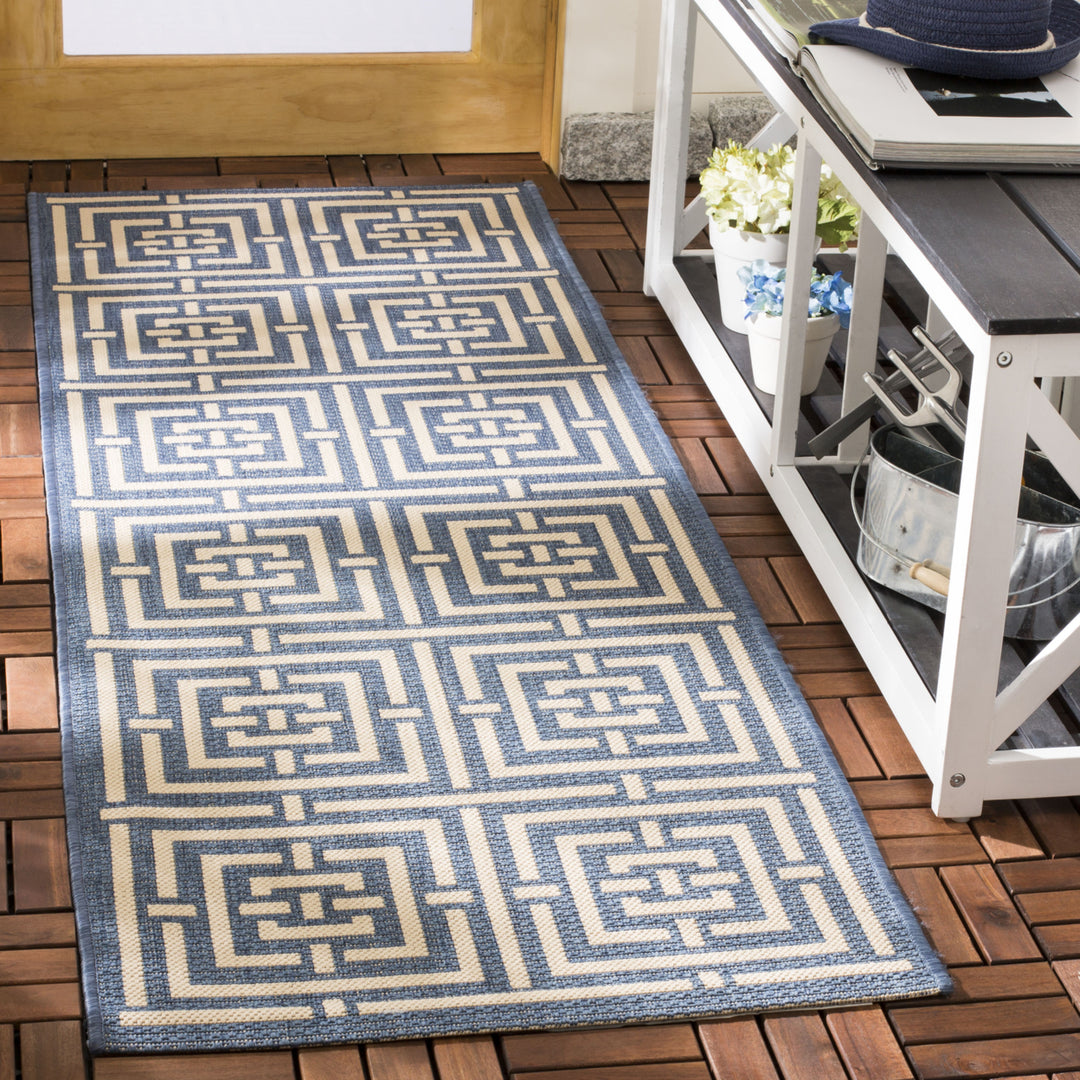 SAFAVIEH Outdoor CY6937-23 Courtyard Collection Blue / Bone Rug Image 3