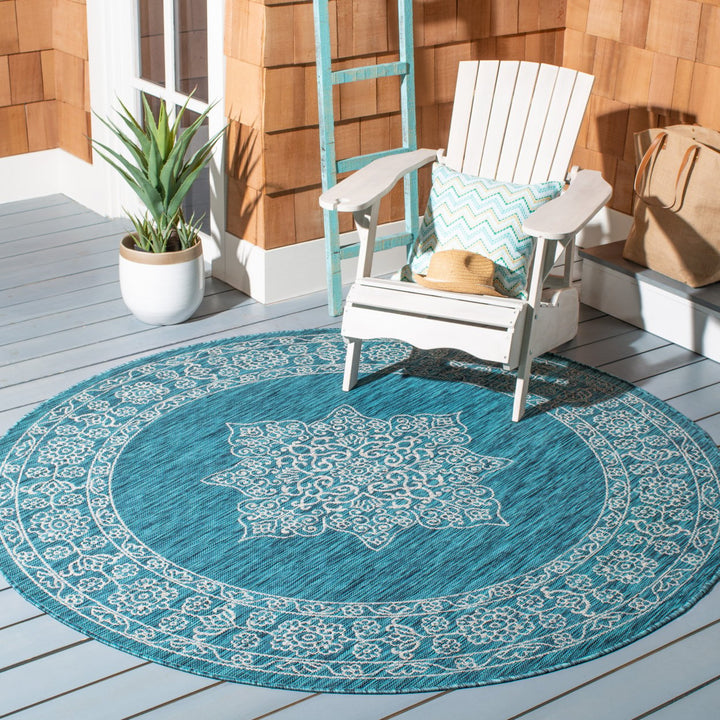 SAFAVIEH Outdoor CY8232-37221 Courtyard Teal / Ivory Rug Image 2