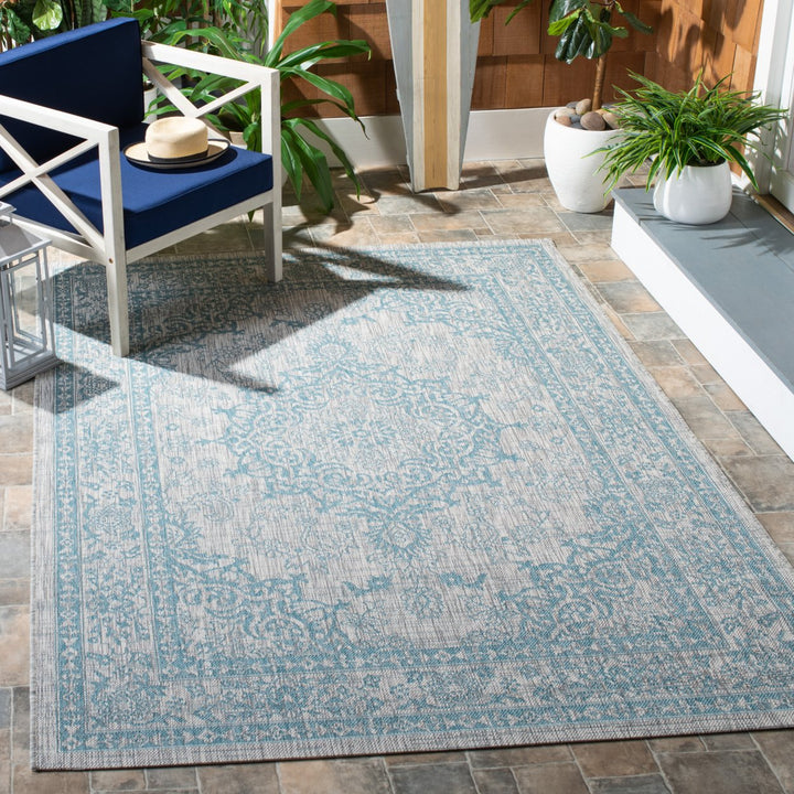 SAFAVIEH Outdoor CY8679-37112 Courtyard Light Grey / Aqua Rug Image 1