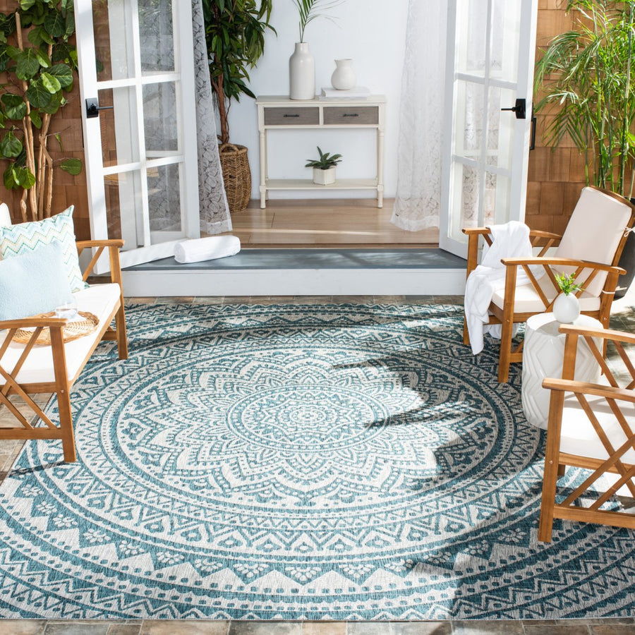 SAFAVIEH Outdoor CY8734-37212 Courtyard Light Grey / Teal Rug Image 1