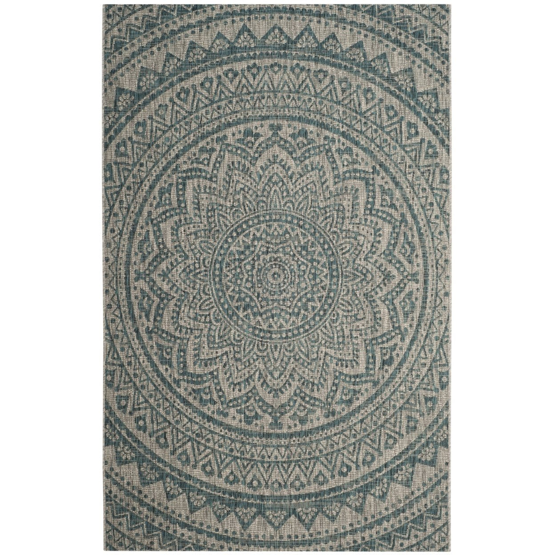 SAFAVIEH Outdoor CY8734-37212 Courtyard Light Grey / Teal Rug Image 1