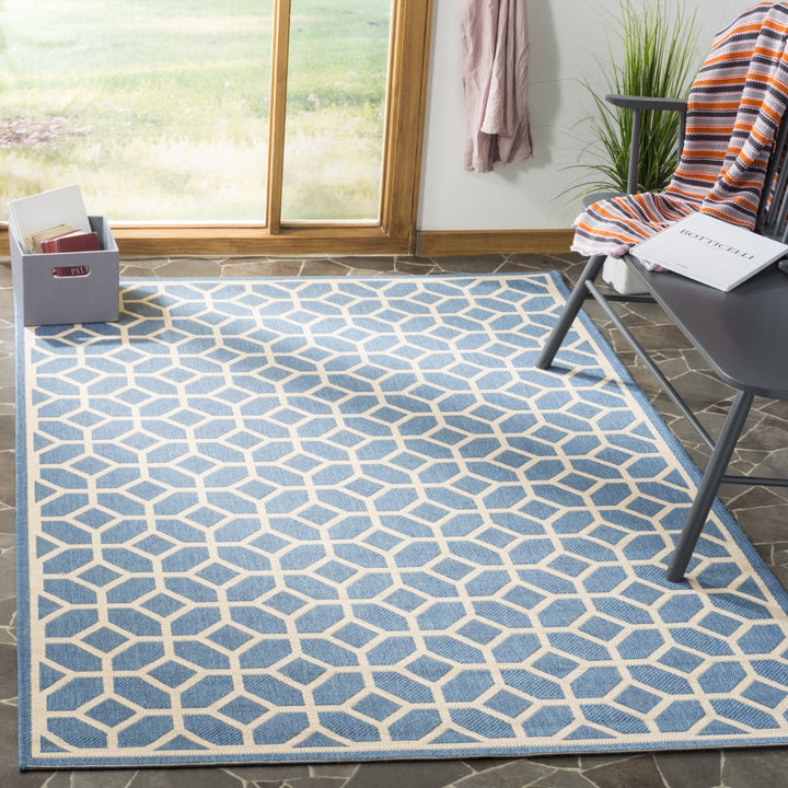 SAFAVIEH Outdoor LND127M Linden Collection Blue / Creme Rug Image 1