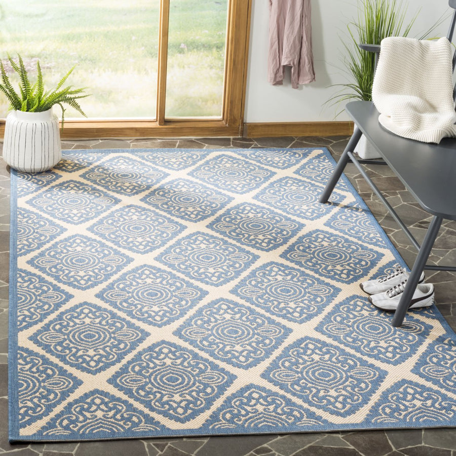 SAFAVIEH Outdoor LND132N Linden Collection Cream / Blue Rug Image 1