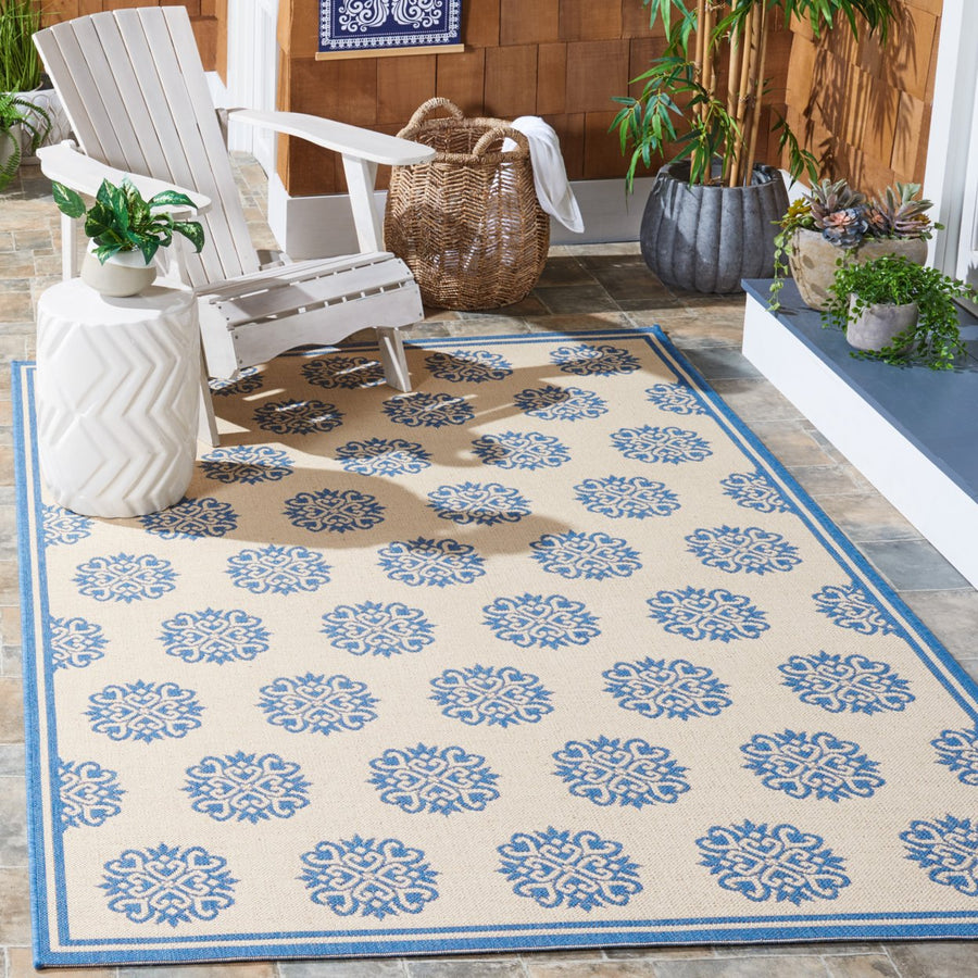 SAFAVIEH Outdoor LND181N Linden Collection Cream / Blue Rug Image 1