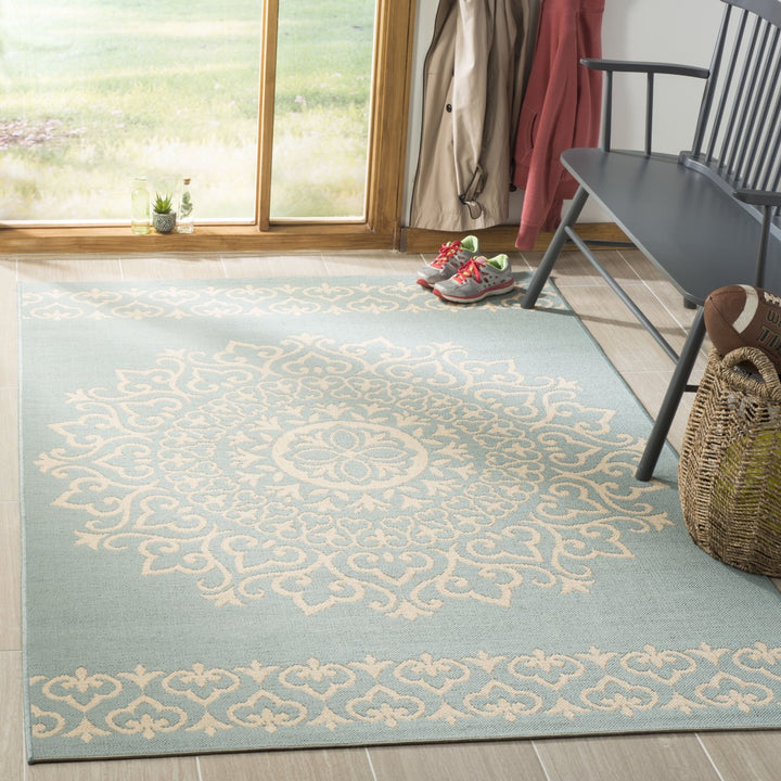 SAFAVIEH Outdoor LND183L Linden Collection Cream / Aqua Rug Image 1