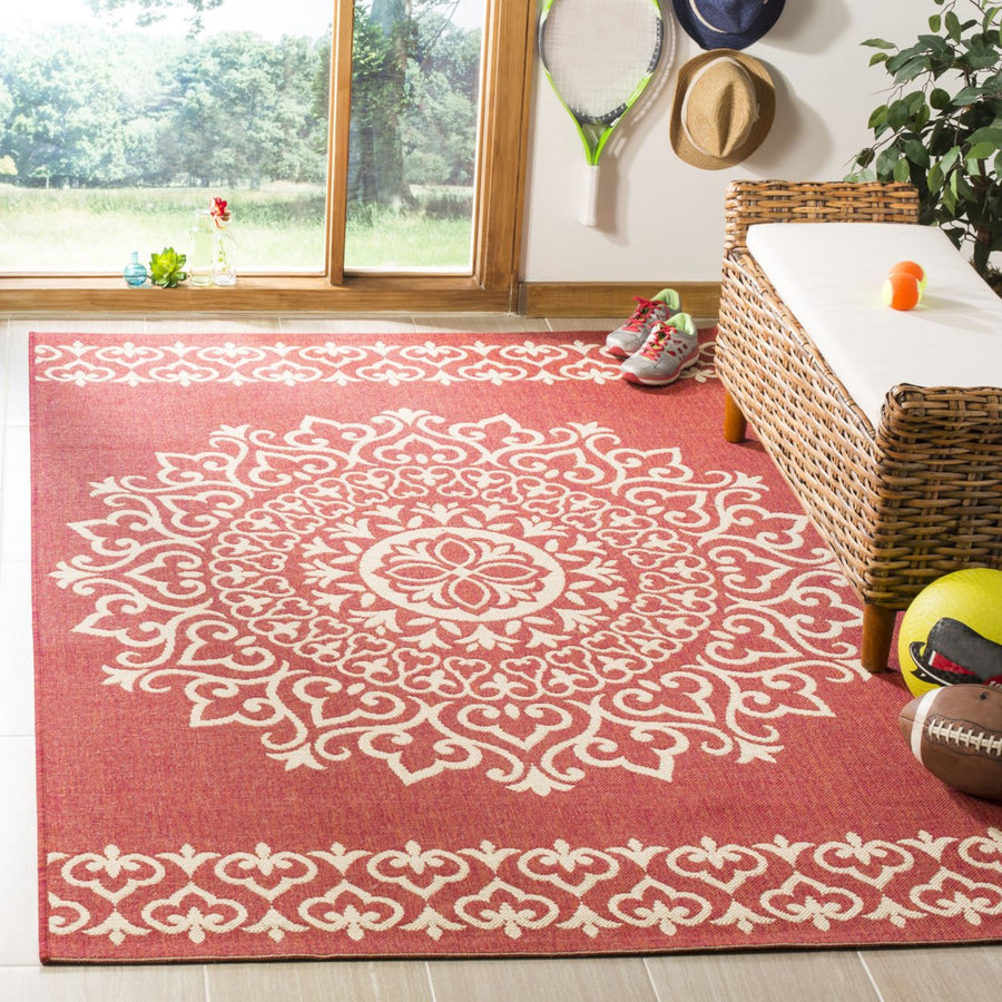 SAFAVIEH Outdoor LND183Q Linden Collection Red / Creme Rug Image 1