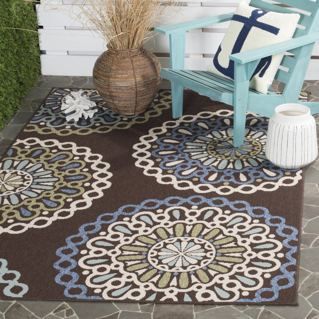 SAFAVIEH Outdoor VER092-0625 Veranda Chocolate / Blue Rug Image 1