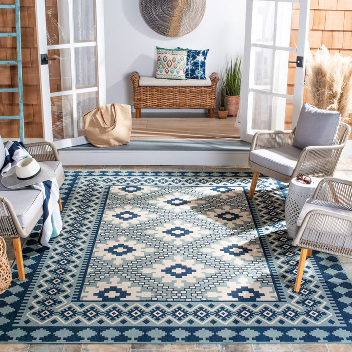 SAFAVIEH Outdoor VER099-3934 Veranda Ivory / Blue Rug Image 1