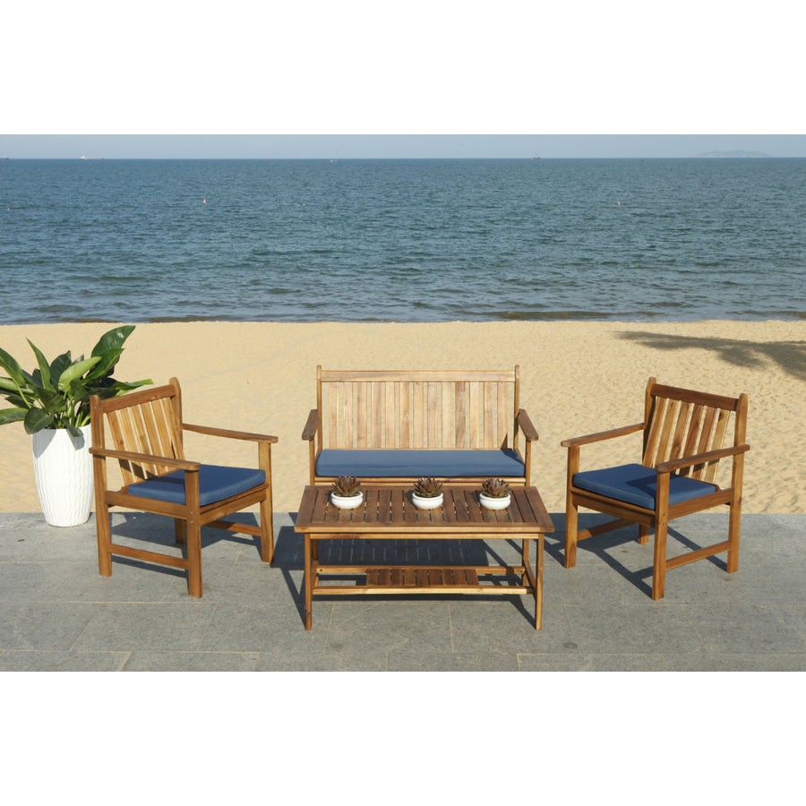 SAFAVIEH Outdoor Collection Burbank 4-Piece Patio Set Natural/Navy Image 1