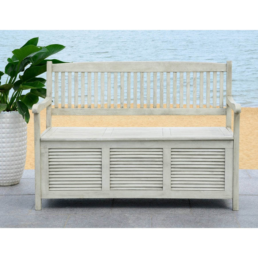 SAFAVIEH Outdoor Collection Brisbane Storage Bench Distressed White Image 1