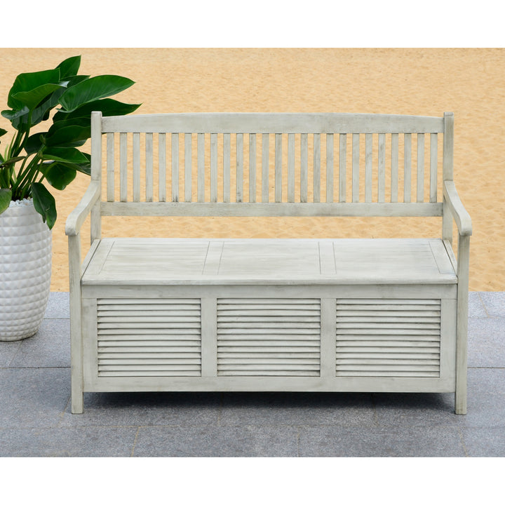 SAFAVIEH Outdoor Collection Brisbane Storage Bench Distressed White Image 2