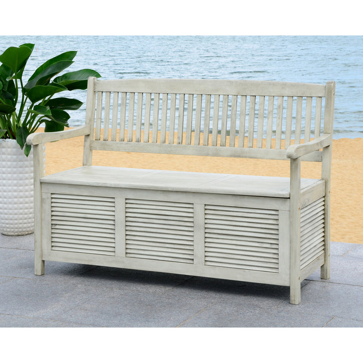 SAFAVIEH Outdoor Collection Brisbane Storage Bench Distressed White Image 4