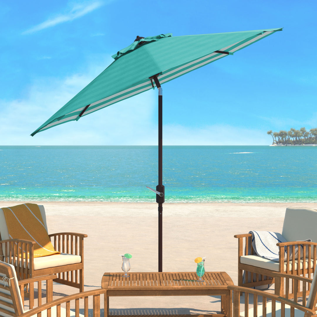 SAFAVIEH Outdoor Collection Athens Inside Out Striped 9-Foot Umbrella Dark Green/White Image 1